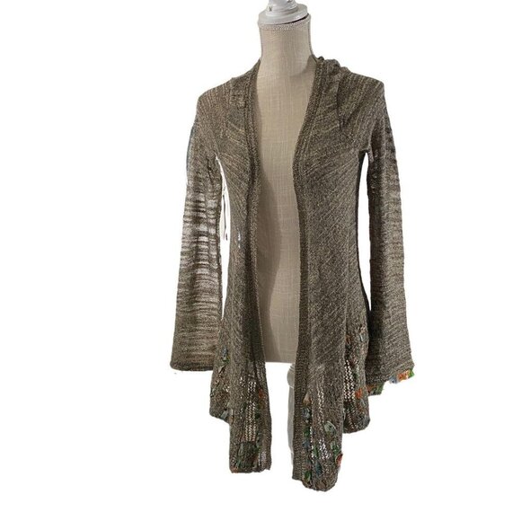 BKE Gimmicks Open Weave Women Tan Raw Edge Chiffon Trim Wool Cardigan Sz Small - Picture 2 of 13
